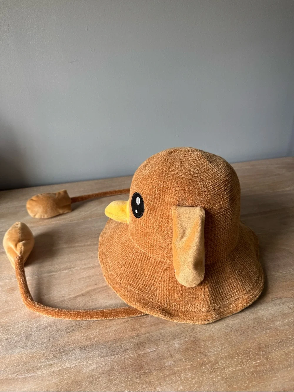 Children's Plush Duck Bucket Hat in Brown with Chin Strap